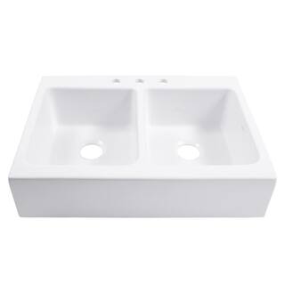 SINKOLOGY Josephine 34 in. Quick-Fit Drop-In Farmhouse Double Bowl Crisp White Fireclay Kitchen Sink SK453-34FC