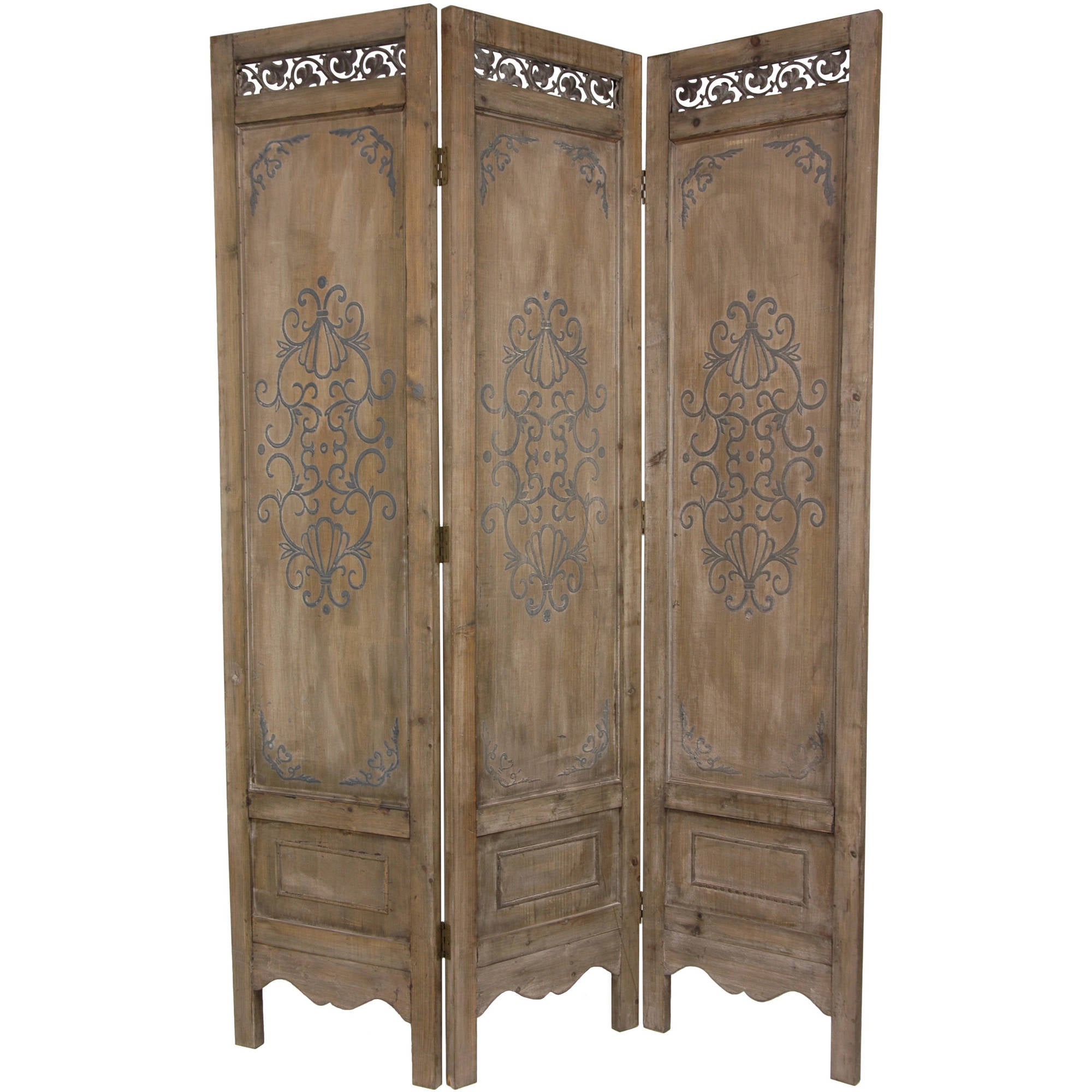 Oriental Furniture 6 ft. Tall Antiqued Scrollwork Room Divider - 3 Panel