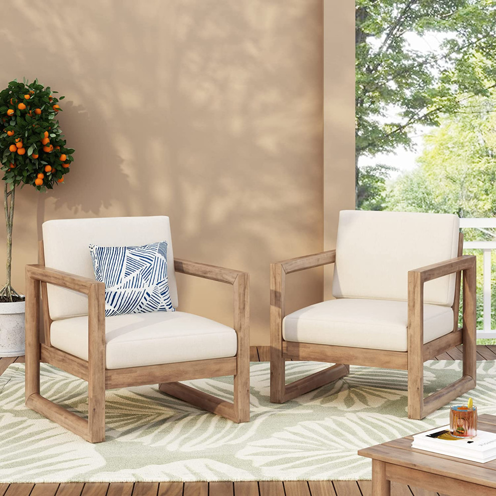 Set of 2 Patio Chair  Slat Panel Acacia Wood Seat With Water Resistant Cushions   Transitional   Outdoor Lounge Chairs   by Decor Love  Houzz