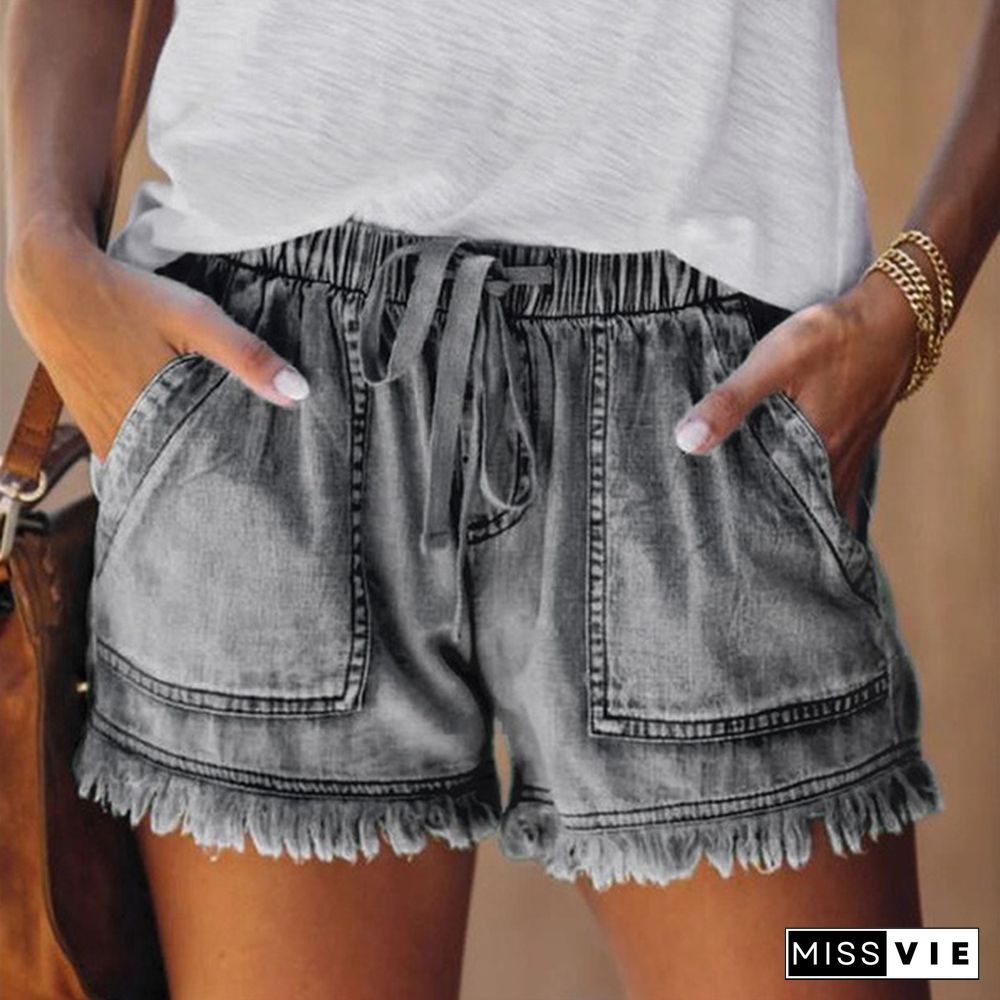 Summer Women Elastic Waist Casual Denim Shorts High Waist Slim Jean Shorts Women Hot Pants