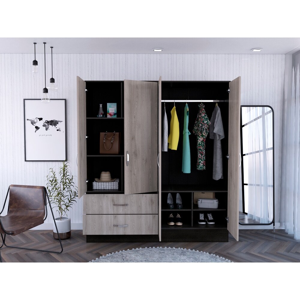 Bolton 160 Armoire with 9 Shelves  2 Cabinets  Mirrors  2 Drawers  and Rod   N/A