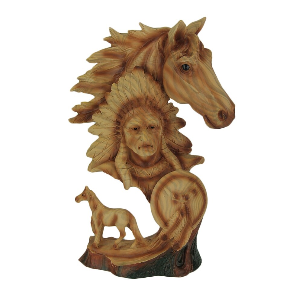 Western Horse And Native American Chief Carved Wood Look Bust Statue   11.5 X 8.25 X 4.25 inches