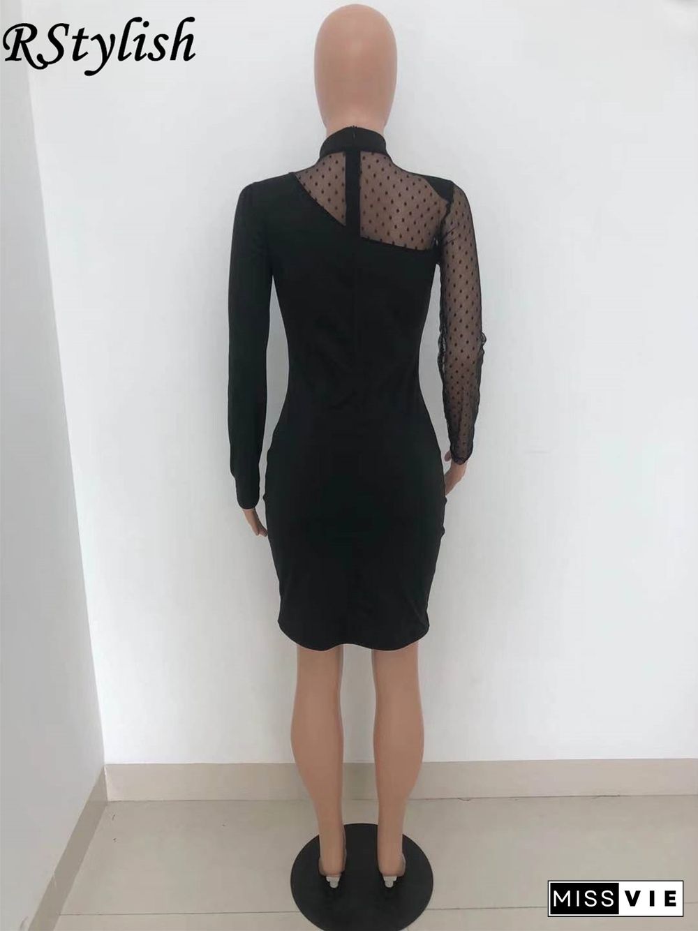 Sexy Mesh Splicing Long Sleeve Round Neck Bodycon Dress