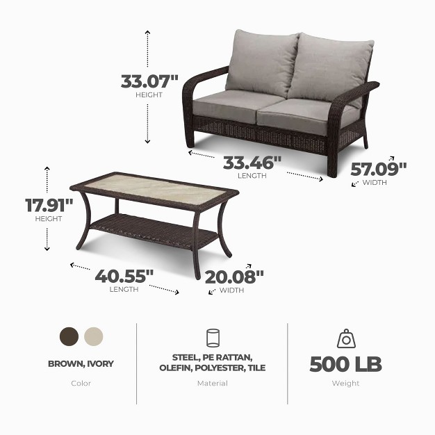 Four Seasons Courtyard Montego Bay Patio Cushioned Loveseat And Rectangular Coffee Table Outdoor Backyard Wicker Furniture Set Ivory brown