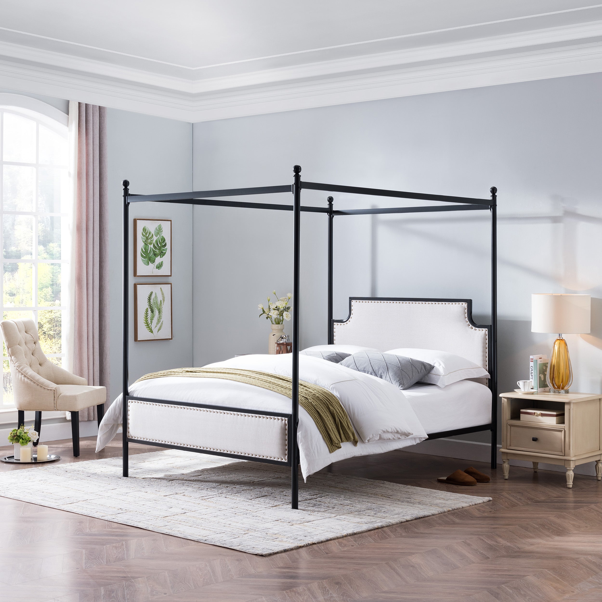 Asa Queen Size Iron Canopy Bed Frame with Upholstered Studded Headboard