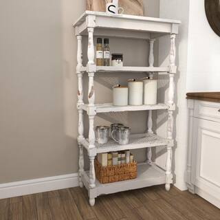 Litton Lane 5 Shelf Wood Stationary White Distressed Open Shelving Unit with Spindle Sides and Mesh 44419