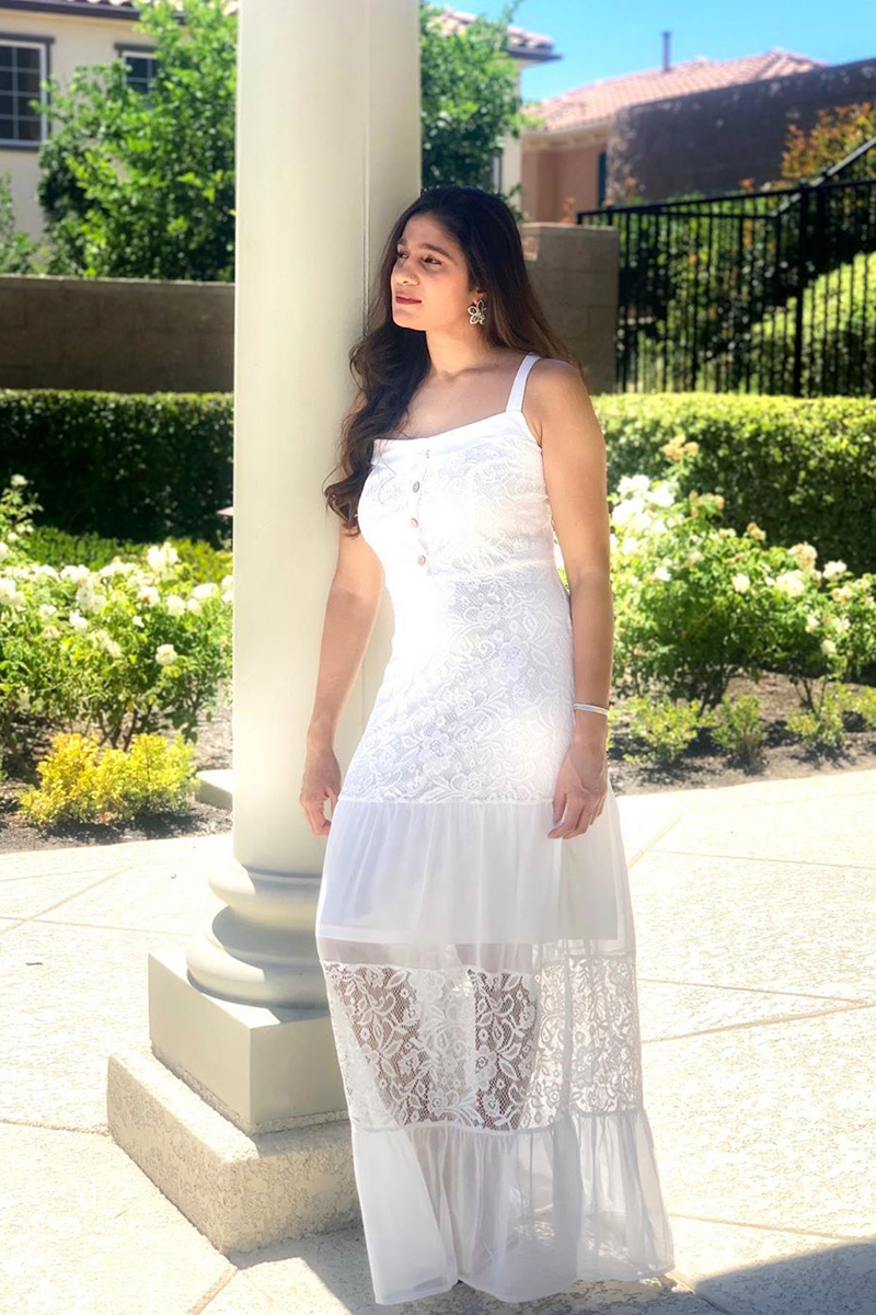 Lace Patchwork Ruffle Hem Button Detail Dress