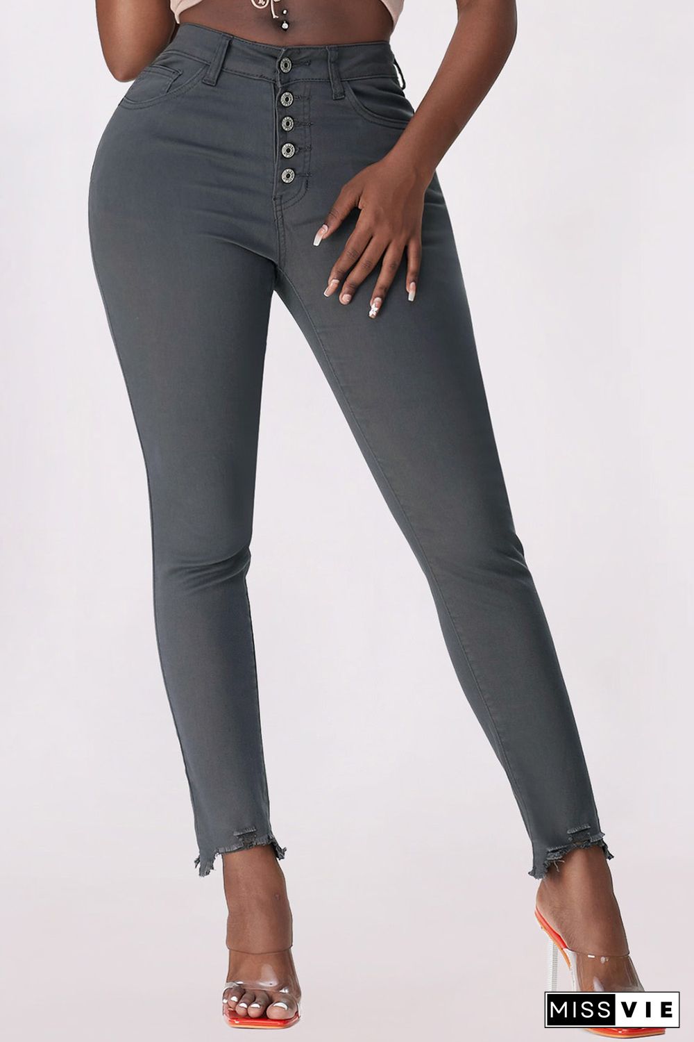 Gray Plain High Waist Buttons Frayed Cropped Denim Jeans