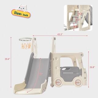 4-In-1 Gray 4.4 ft. Slide for Kids Toddler Climber Bus Slide Set with Basketball Hoop LN20232400