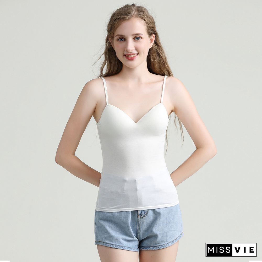 Women Modal Soft Spaghetti Camisole Push Up Padded Wirefree Tank Top Sleeveless V Neck Sweet All Matching Casual Sport Vest