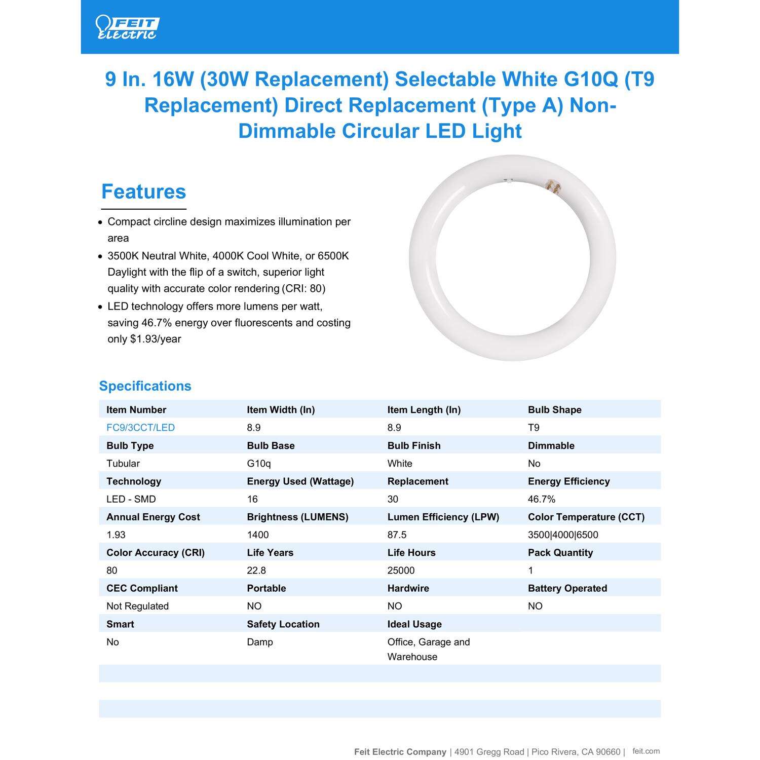 Feit T9 4-Pin LED Tube Light Color Changing 30 Watt Equivalence 1 pk