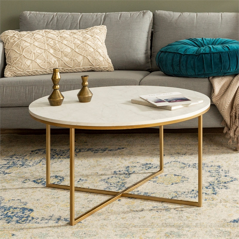 Modern Round White Faux-Marble Coffee Table with Gold Base