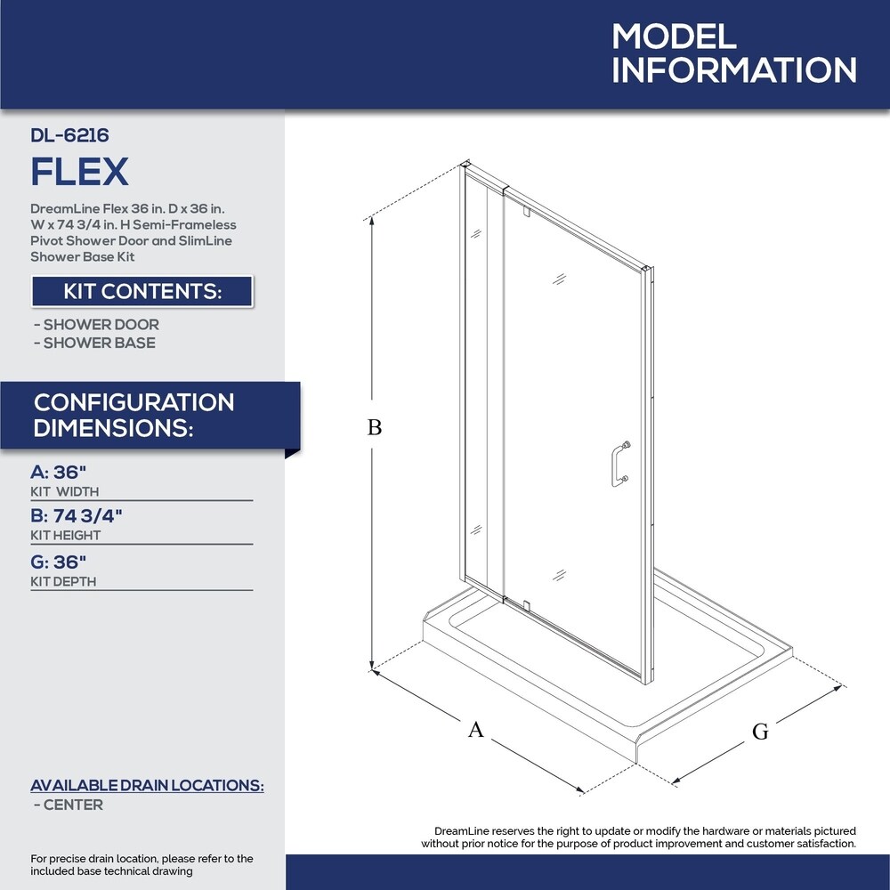 DreamLine Flex 36 in. D x 36 in. W x 74 3/4 in. H Pivot Shower Door and Shower Base Kit   36\