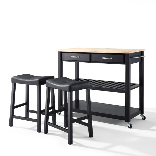 Wood Top Kitchen Prep Cart W/Uph Saddle Stools