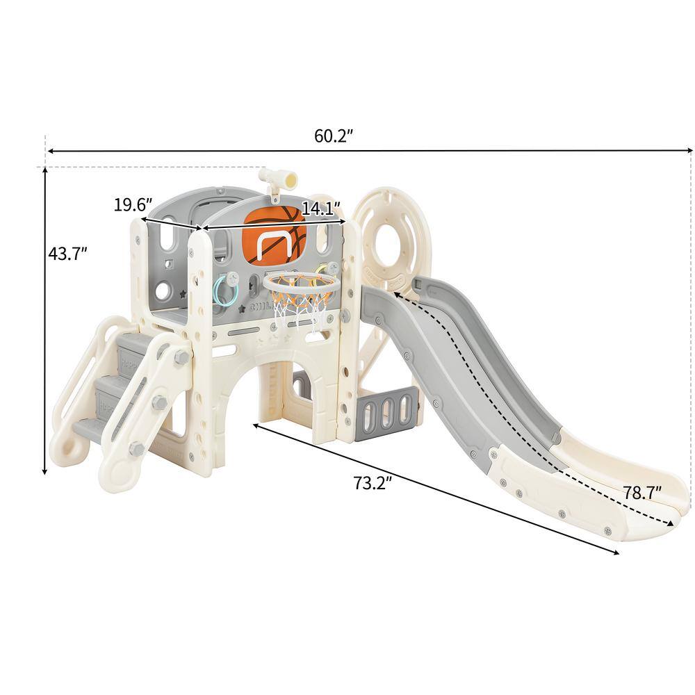 Tatayosi Gray Kids Slide Playset Structure with Slide Arch Tunnel Ring Toss and Basketball Hoop Toy Storage Organizer P-PP300683AAE