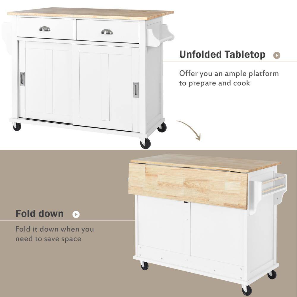 White Wooden 52.2 in. Mobile Kitchen Island Cart with Solid Wood Drop Leaf Countertop Sliding Barn Door and 2-Drawer ZT-SK000001AAW