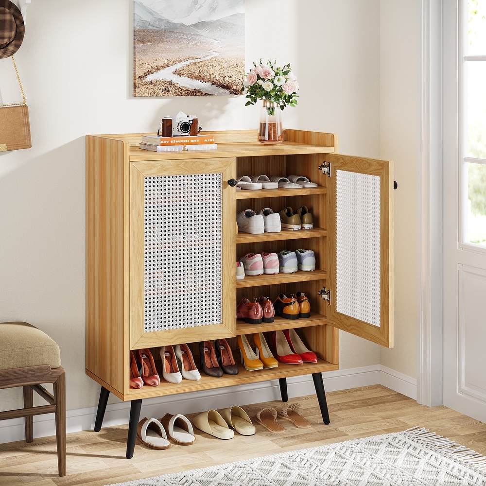 Shoe Cabinet with Doors  Rattan Shoe Storage Cabinet  6 Tier Shoes Organizer Cabinets for Entryway