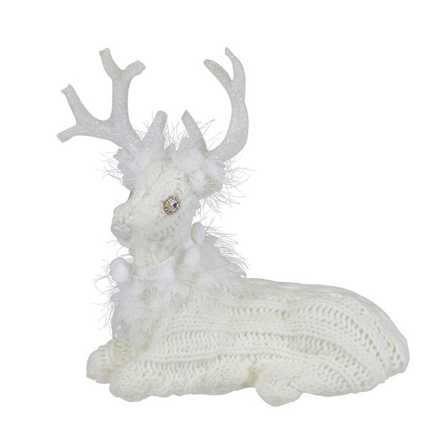 White Cable Knit Sitting Reindeer Christmas Figure