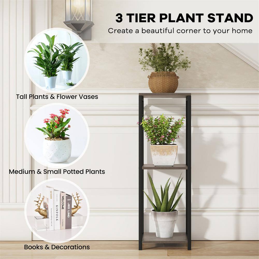 Gymax 36 in. x 12 in. x 12 in. Grey and Black Metal IndoorOutdoor Plant Stand Corner Plant Holder wMetal Frame 3 Tier GYM14122