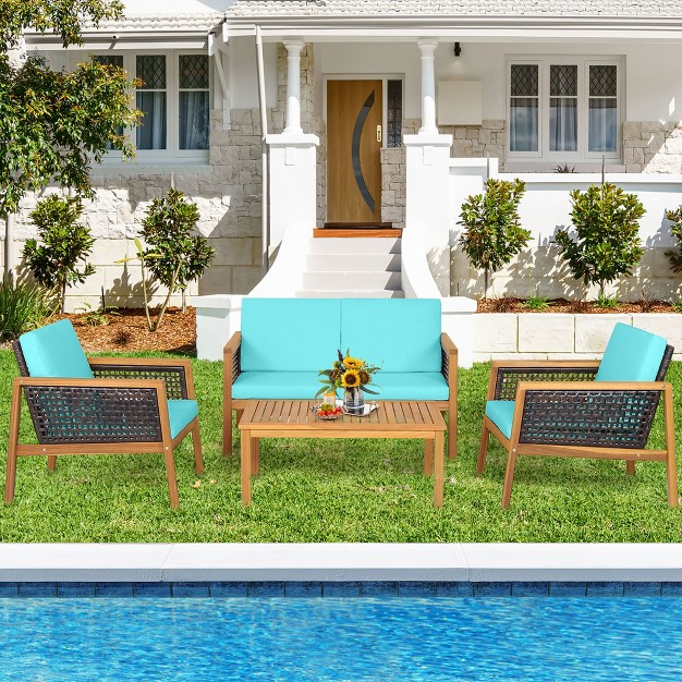 Tangkula 4pcs Patio Acacia Wood Furniture Set Pe Rattan Conversation Set W Turquoise Cushions