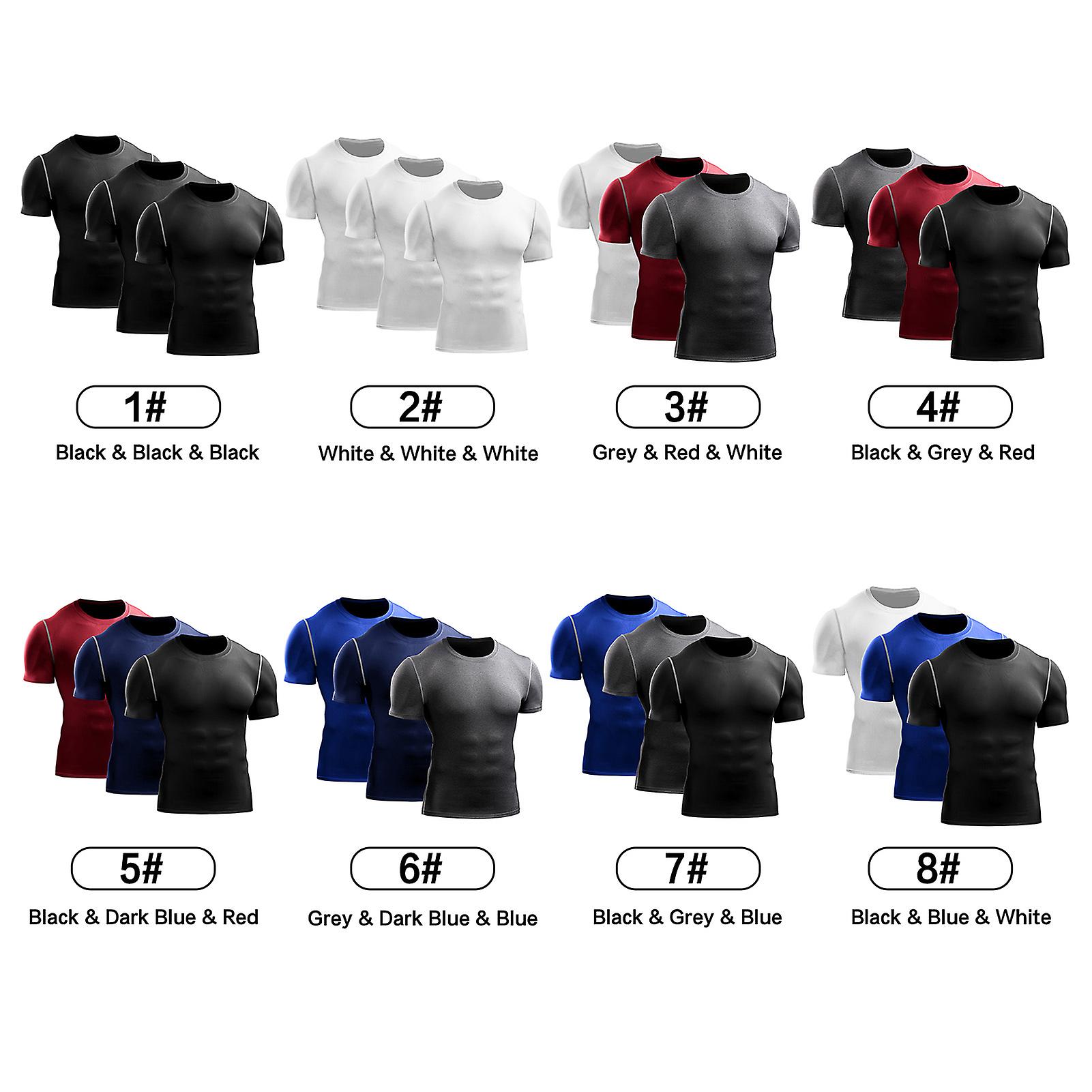 3-pack Mens Sport Shirt Quick-dry Gym Workout Fitness Running Undershirt O-neck Solid Bodycon Tops Black and Dark Blue and Red 3x-large