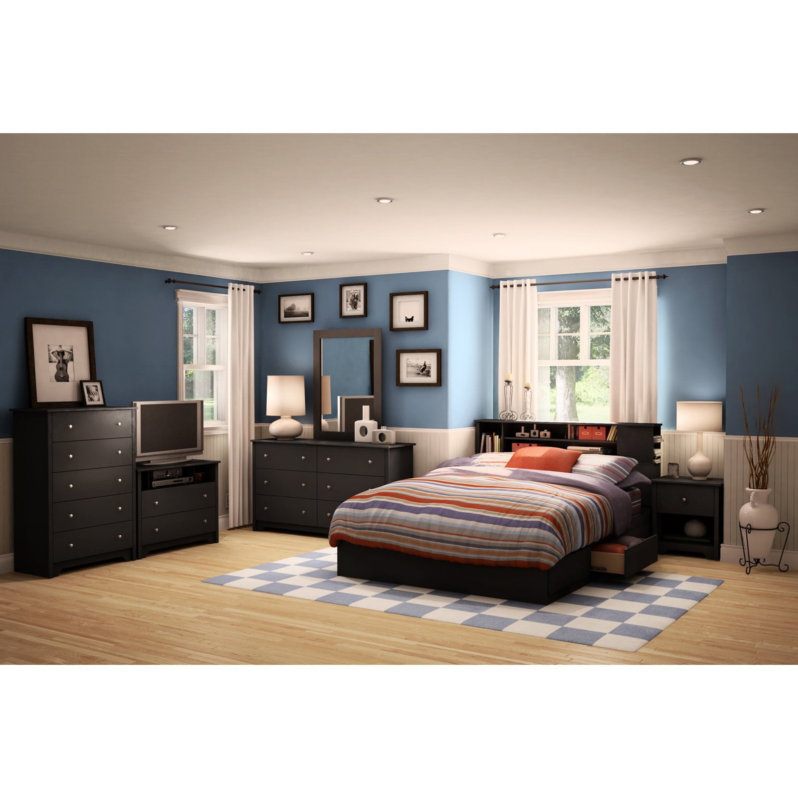 South Shore Vito Queen Mates Bed with Drawers and Bookcase Headboard Set