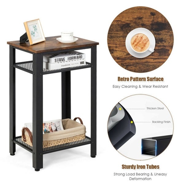 3 Tier Industrial End Table with Metal Mesh Storage Shelves