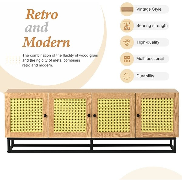 Rattan TV Stand for 65 Inch TV， Rustic TV Console Table with 4 Textured Rattan Doors and 2 Adjustable Panels