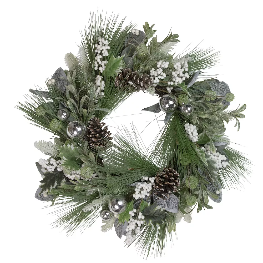 Artificial Christmas Wreath with Assorted Foliage and Berries  24-Inch  Unlit