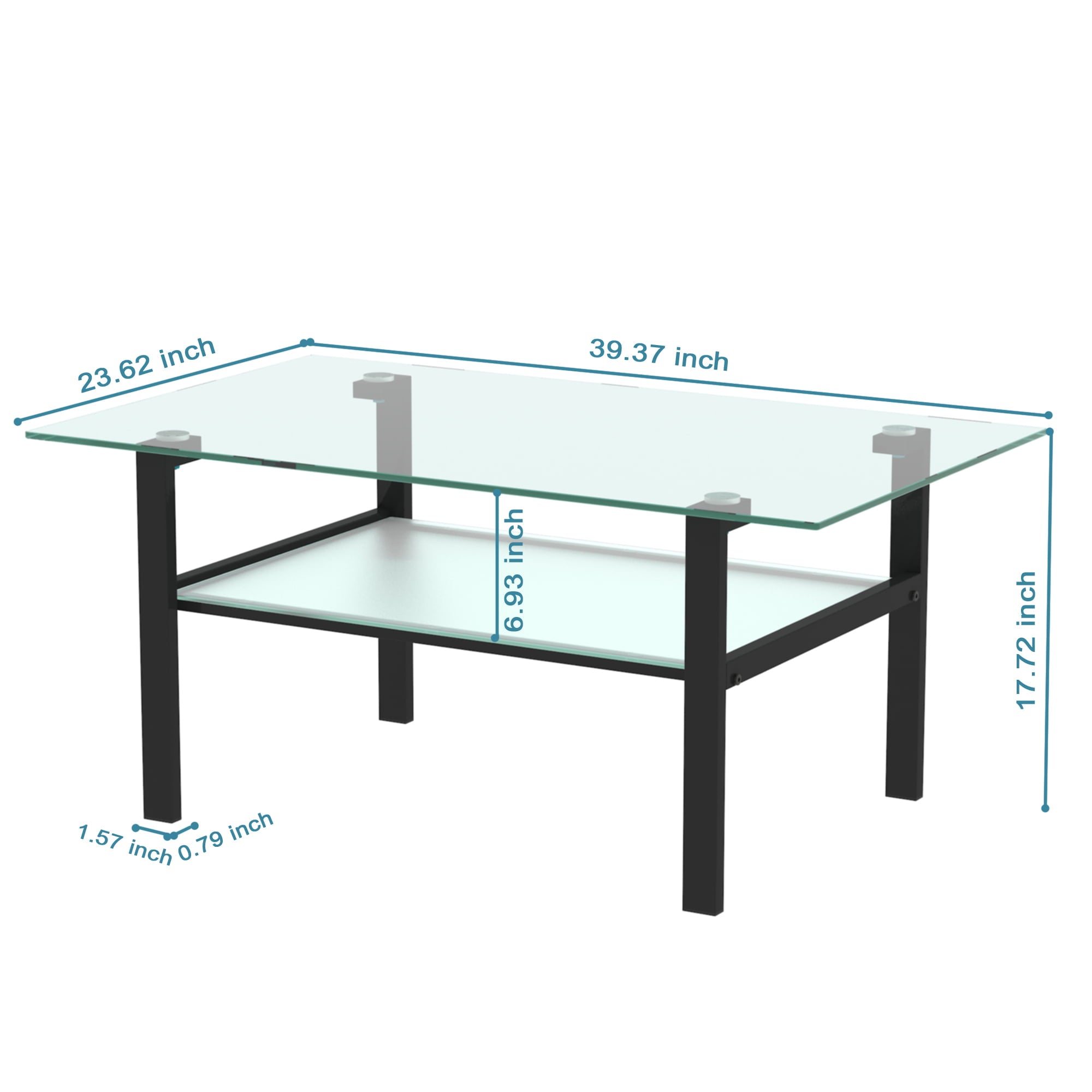 Rectangle Glass Coffee Table, 2-Tier Modern Tea Table, Side Center Tables for Living Room Transparent Center Glass Coffee Table with Black Metal Leg