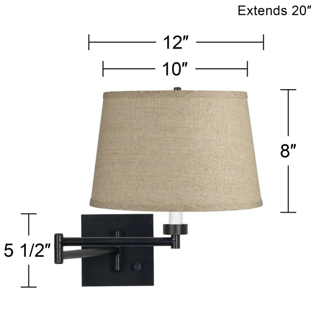 Barnes And Ivy Rustic Farmhouse Swing Arm Wall Lamp Espresso Black Plug in Light Fixture Burlap Fabric Drum Shade For Bedroom Bedside Living Room Home