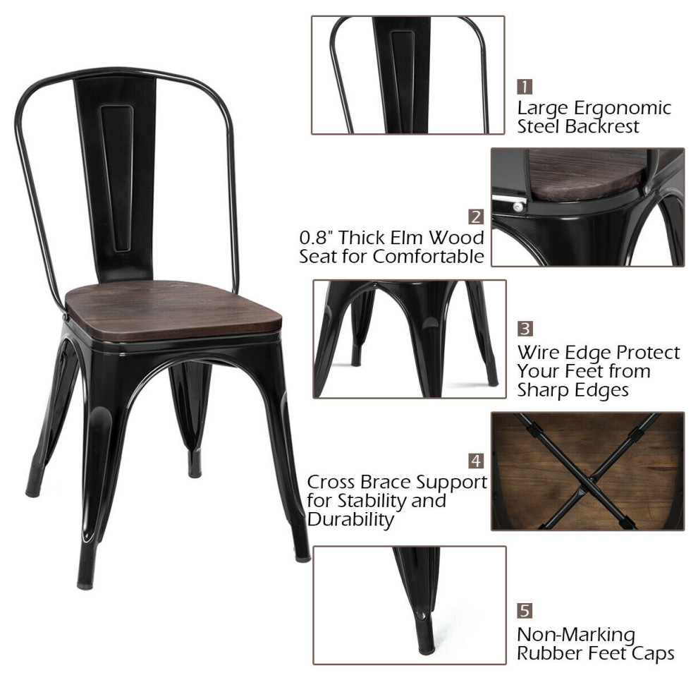 Costway Set of 4 Dining Side Chair Stackable Bistro Metal Wood Stool Black   Industrial   Dining Chairs   by Costway INC.  Houzz