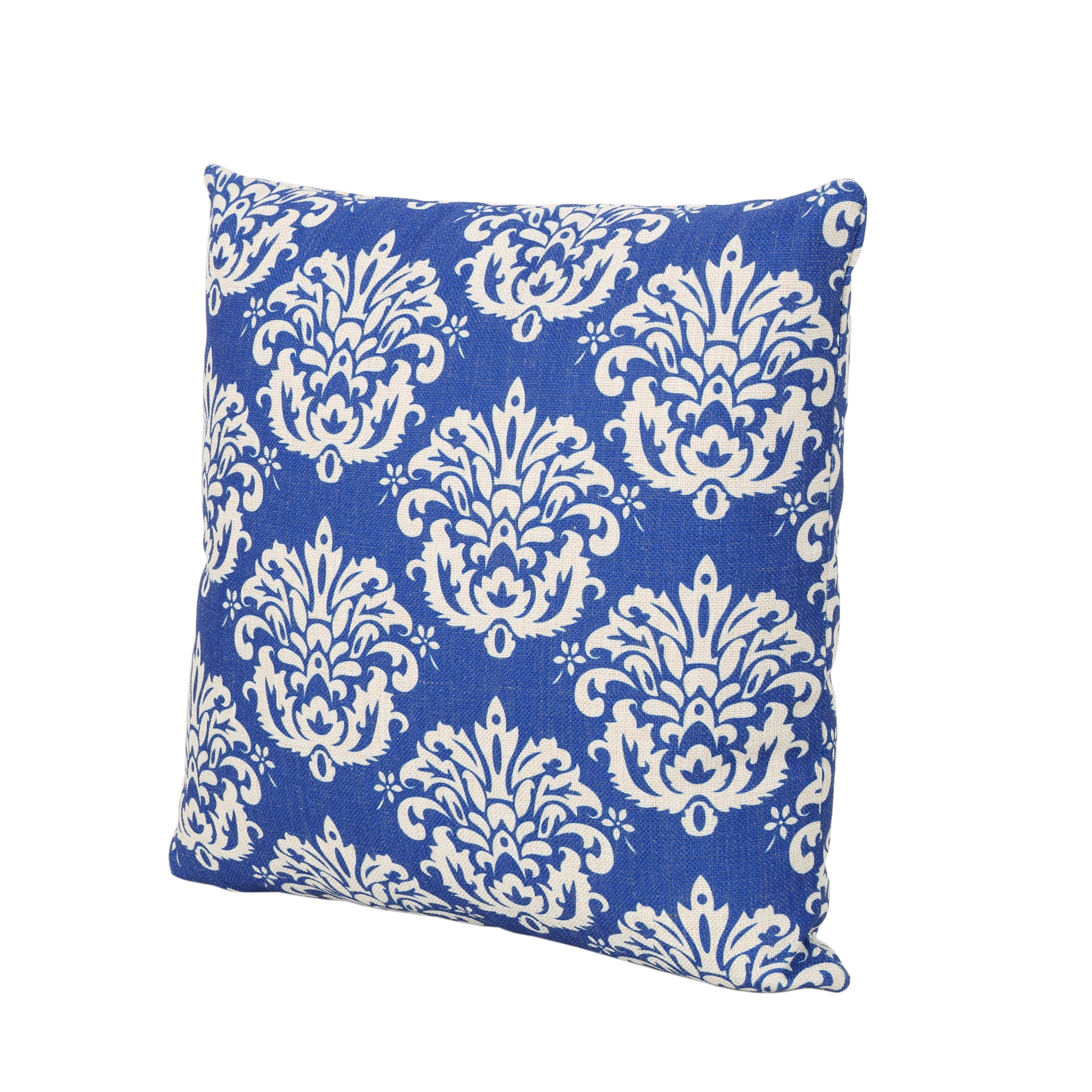 Martin Outdoor Water Resistant 18-inch Square Pillow, Beige on Blue Damask