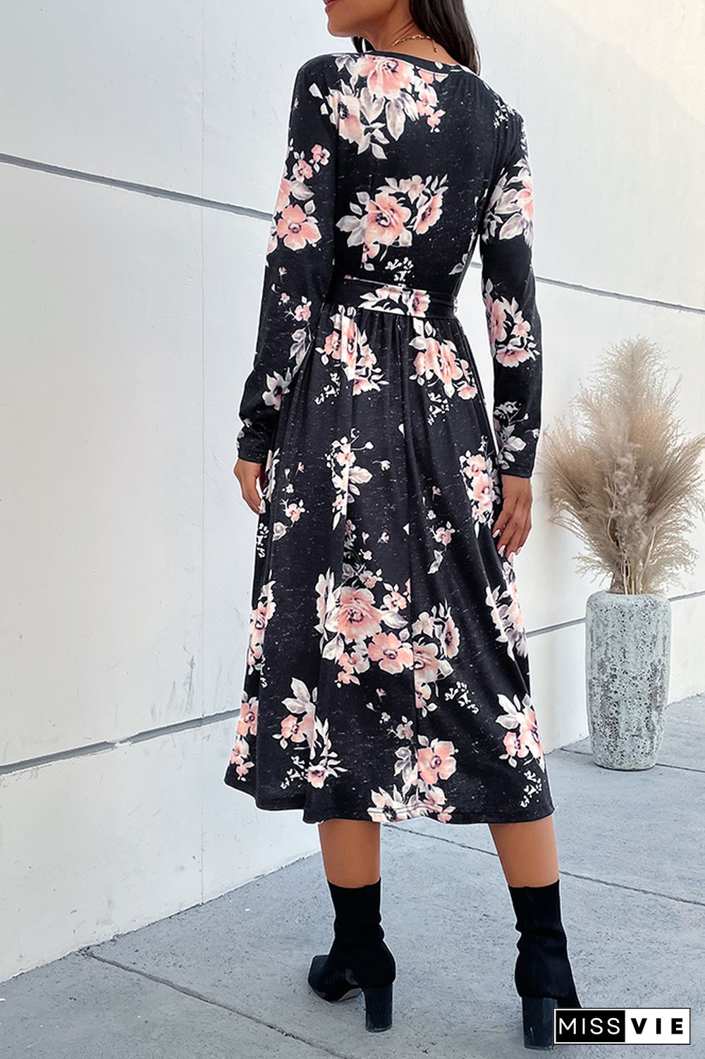 Wrap V Neck Floral Midi Dress