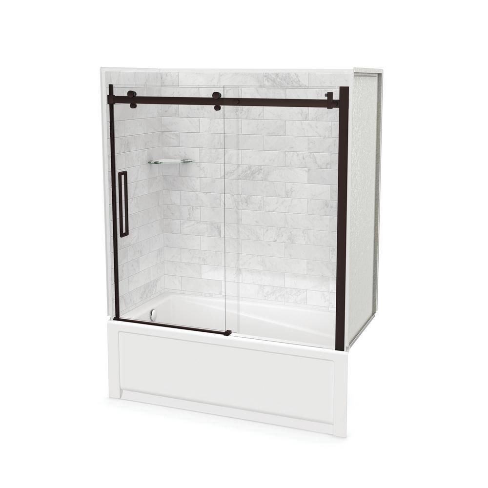 MAAX Utile 32 in. x 60 in. x 81 in. Bath and Shower Combo in Marble Carrara with New Town Left Drain Halo Door Dark Bronze 106911-307-508-102