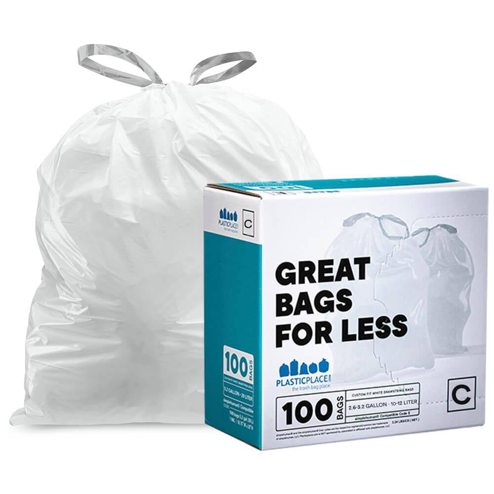 Plasticplace 2.6-3.2 Gallon  10-12 Liter White Drawstring Garbage Liners Simplehuman* Code C Compatible 14.75