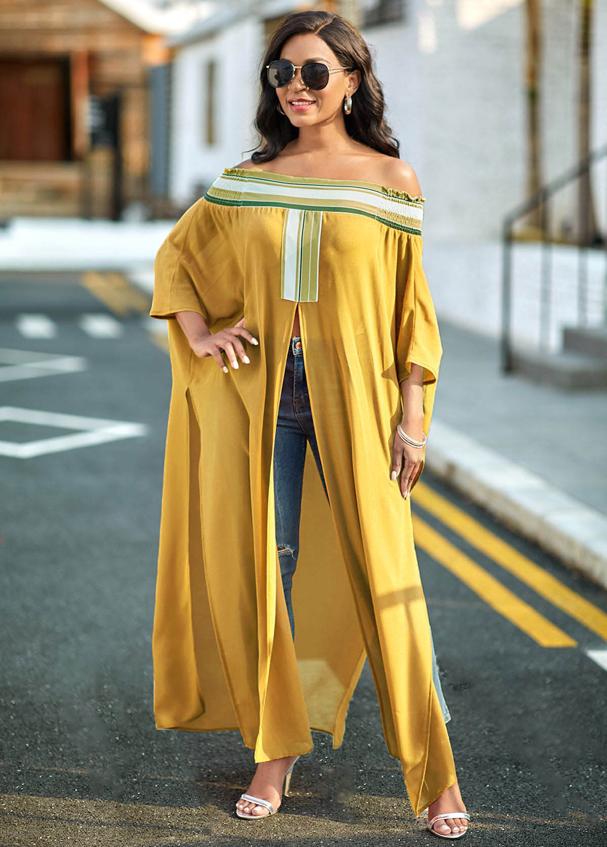 Striped High Slit Off Shoulder Blouse