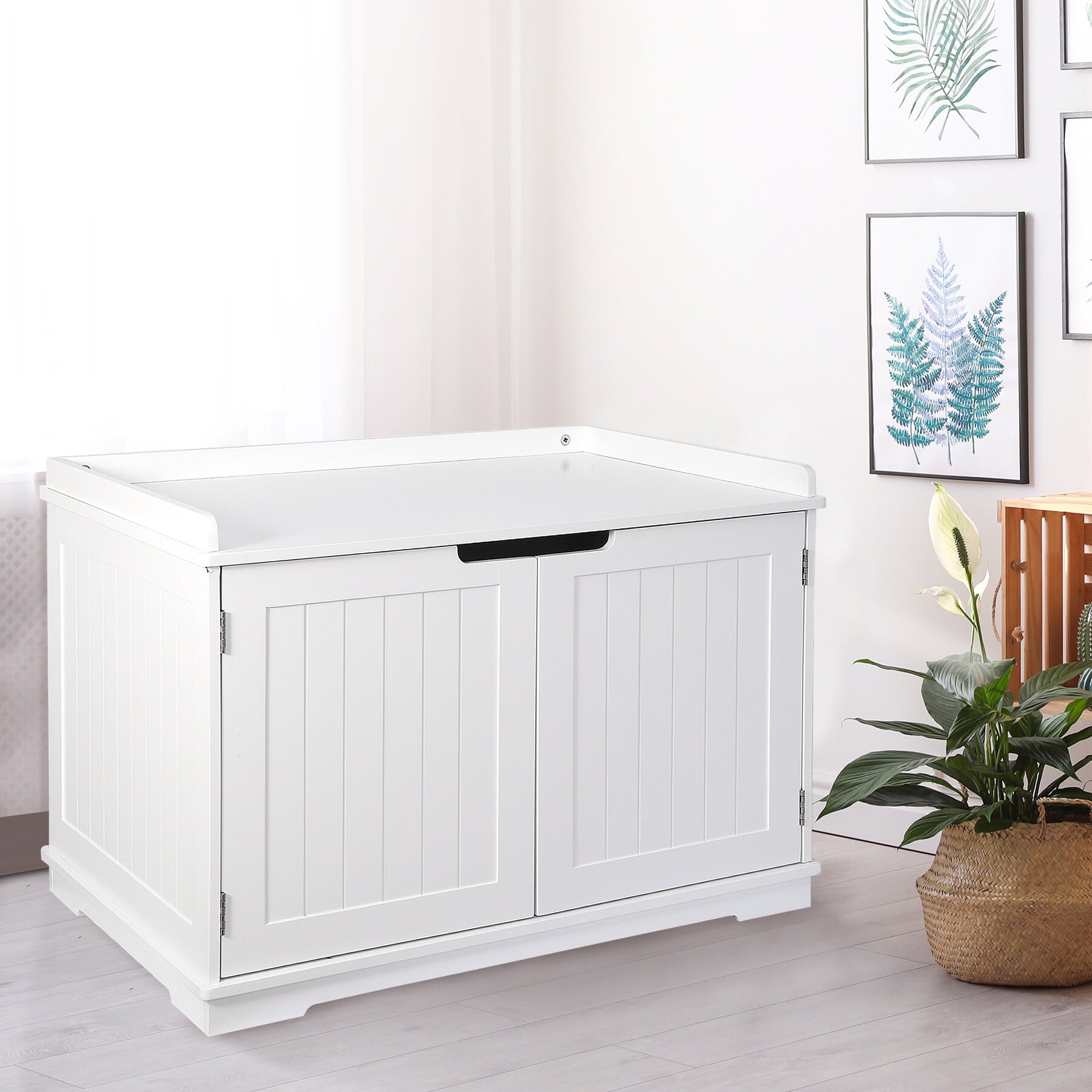 HomGarden Cat Washroom Bench Cat Litter Box Enclosure Furniture White