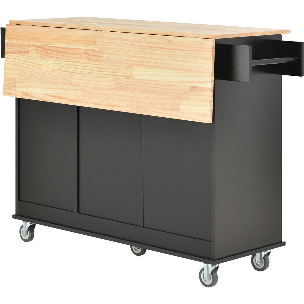 52.7 in. W x 17.71 in. D x 36.81 in. H Black Rolling Mobile Kitchen Island with Solid Wood Top and Locking Wheels WF2870AABWY