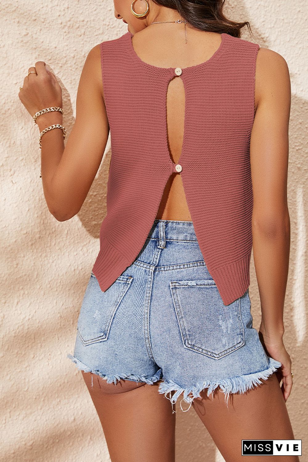 Cut Out Back Plain Knit Tank Top