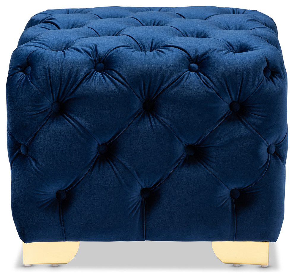 Ingram Luxe Royal Blue Velvet Fabric Gold Finished Button Tufted Ottoman   Contemporary   Footstools And Ottomans   by Baxton Studio  Houzz