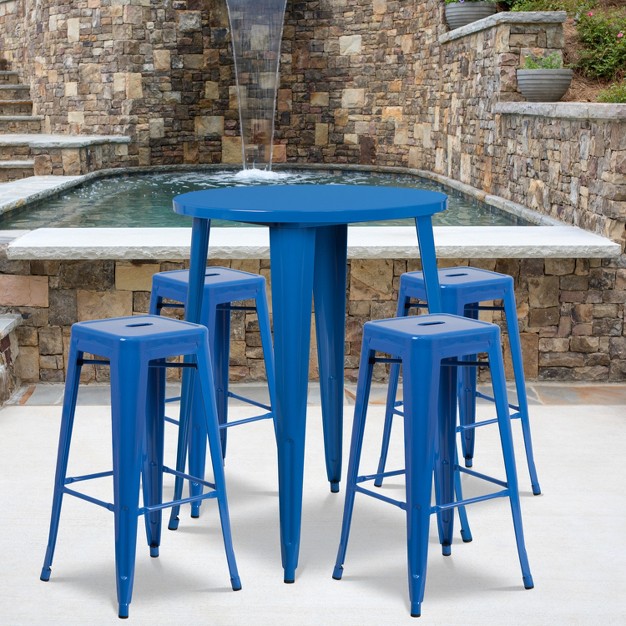 Round Metal Indoor outdoor Bar Table Set With 4 Square Seat Backless Stools