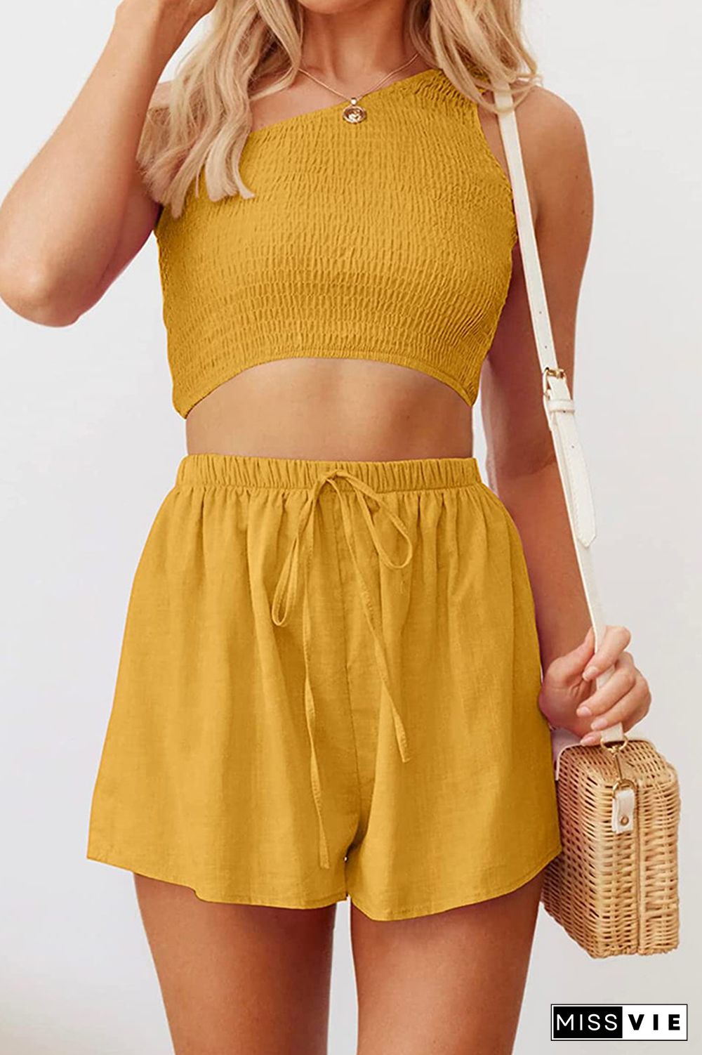 One Shoulder Smocked Crop Top with Elastic Waist Shorts 2pcs Set