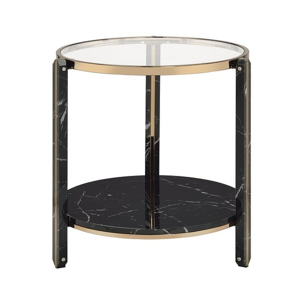 1 Tier Shelf Round Faux Marble Glass End Table in Black and Champagne