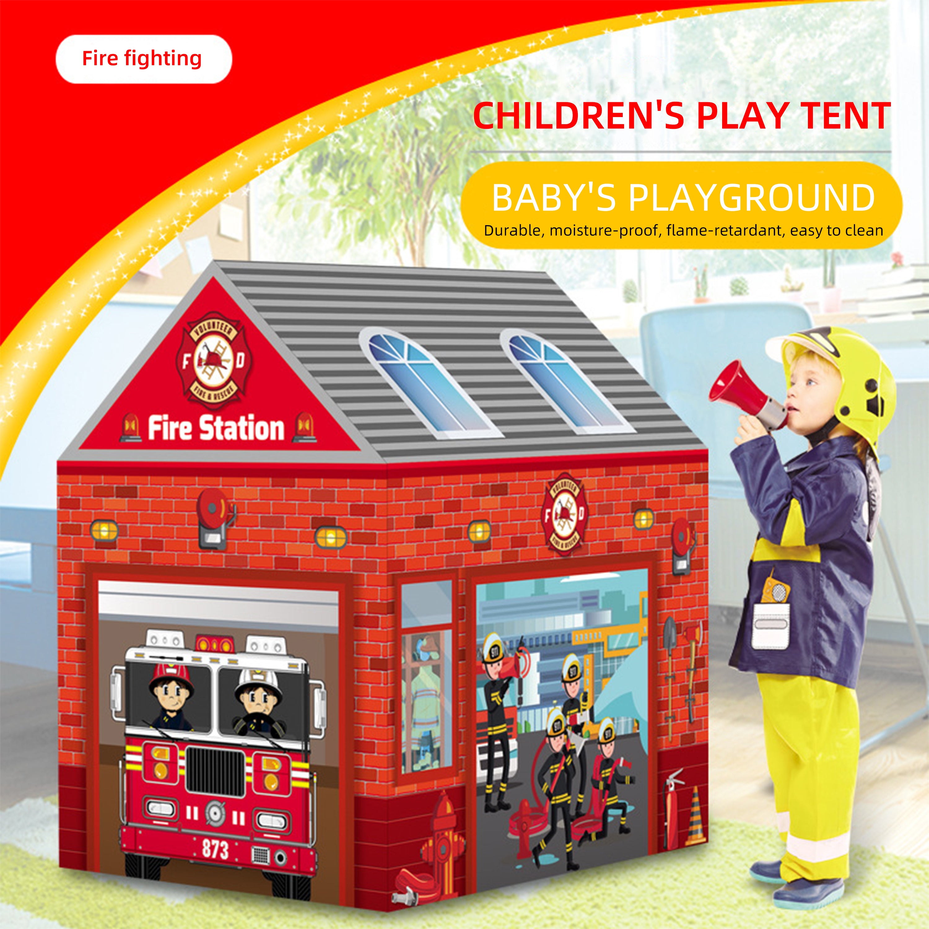 Kids Play Tents Fire Station Play Tent for Boys Girls School Toys for Indoor and Outdoor Portable Games Children Playhouse with Roll-up Door and Windows,Best Gift