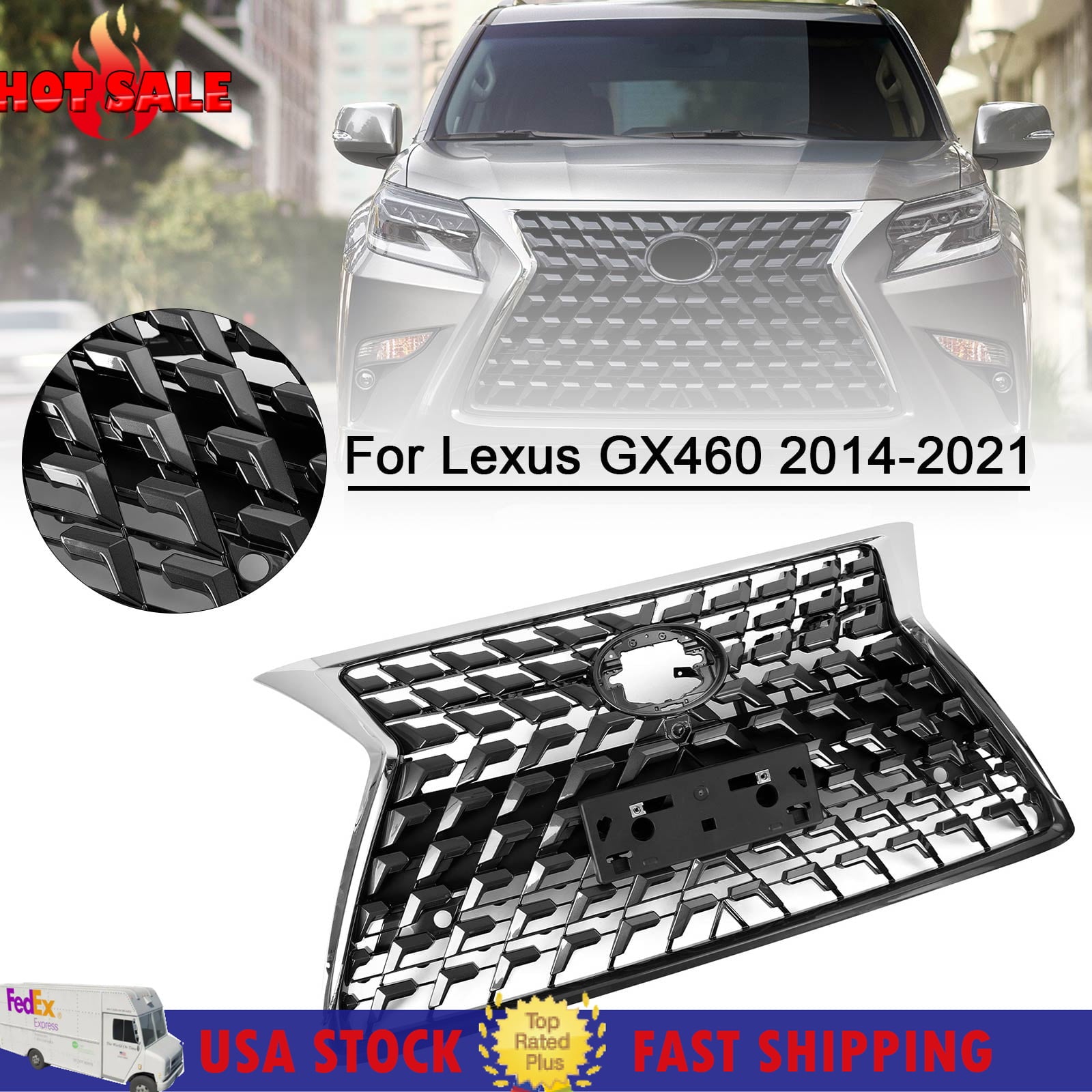 Front Upper Grille Bumper Grill Fit for Lexus GX460 2014-2021 Chrome Black US stock