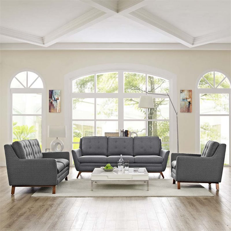 Modway Beguile Upholstered Fabric and Wood Living Room Set in Gray (Set of 3)   Midcentury   Living Room Furniture Sets   by Homesquare  Houzz