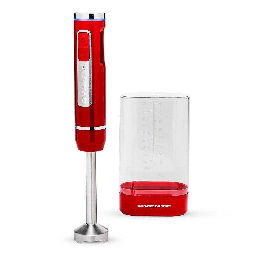 OVENTE Immersion Blender Red Stainless Steel Blades 200-Watt Cordless Rechargeable Hand Blender 8-Speed Settings HR781R