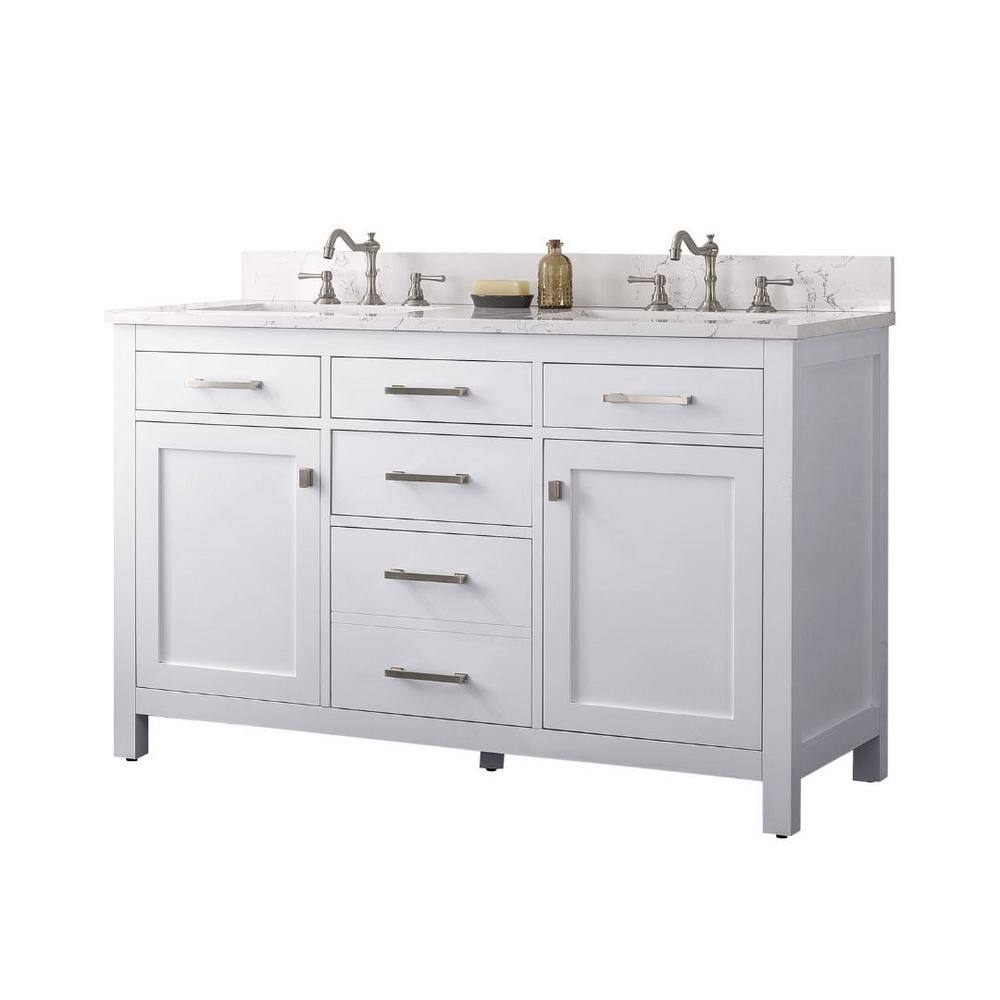 SUDIO Jasper 54 in. W x 22 in. D Bath Vanity in White with Engineered Stone Vanity Top in Carrara White with White Basins Jasper-54W-D