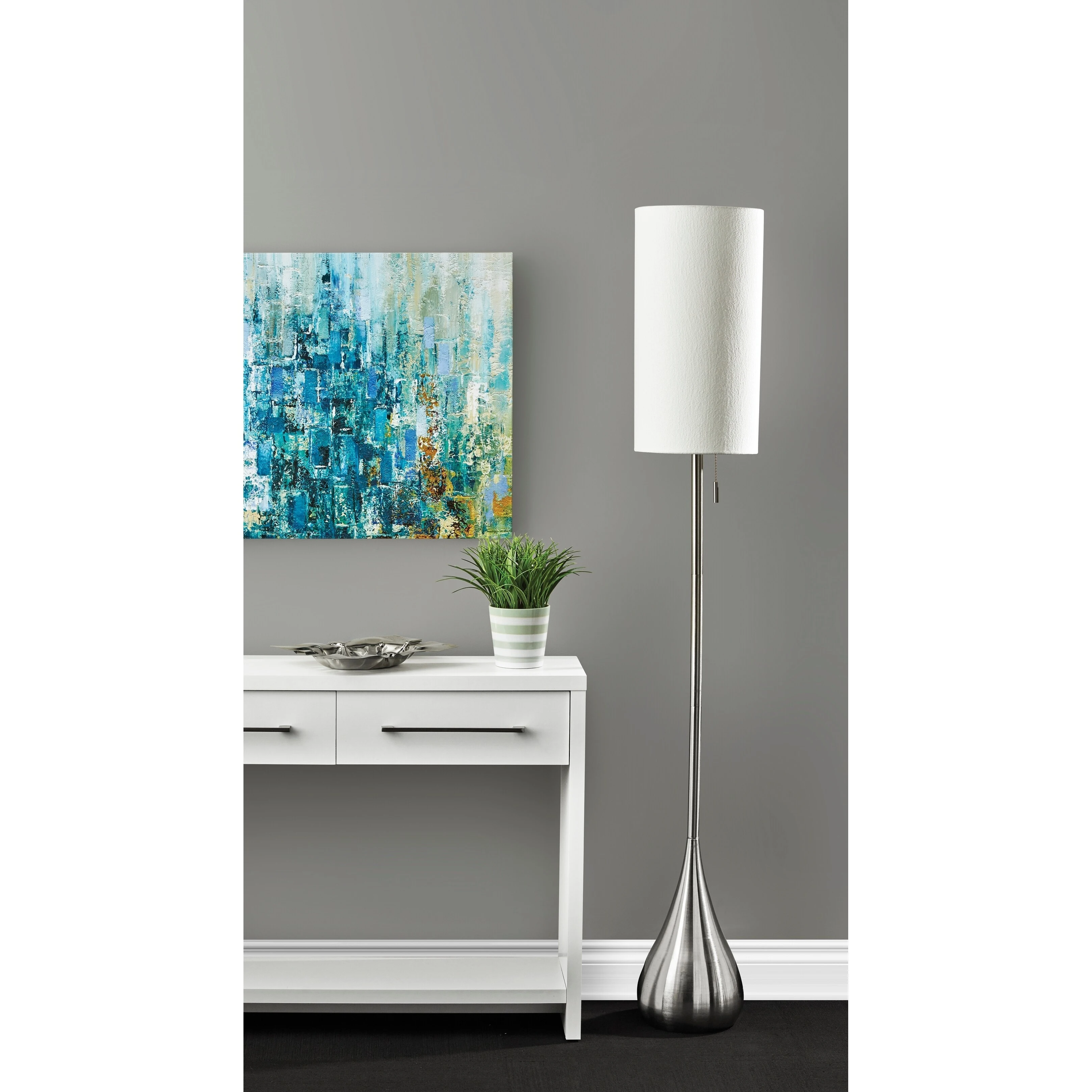 Porch and Den Atlanta Brushed Steel/ White Shade Teardrop Base Floor Lamp